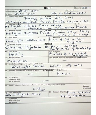 Copy of the birth register for Prince George of Cambridge