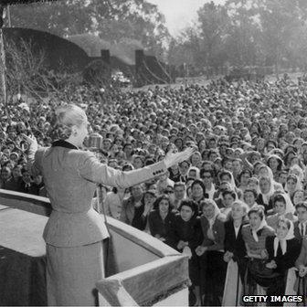 Eva Peron addressing a crowd of women workers in 1951