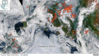 Imagen satelital de la región ártica de Alaska y Rusia afectada por incendios