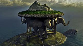 Disco del mundo sobre 4 elefantes que están sobre una tortuga enorme.