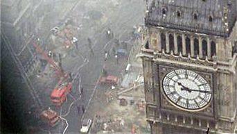 aerial shot of firefighters working to put out a blaze at the Houses of Parliament