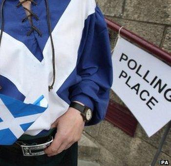 Man dressed in saltire flag outside polling booth