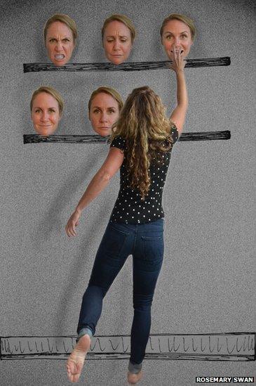 Woman and faces on a shelf