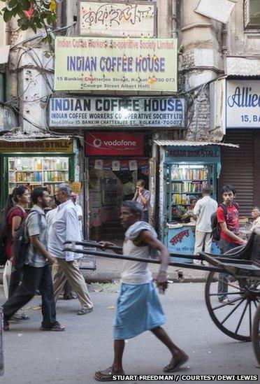 A rickshaw puller outside the Indian Coffee House, Kolkata,