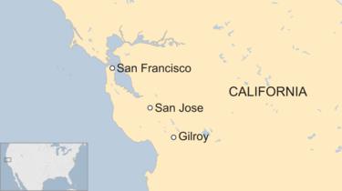 Map showing Gilroy on the US west coast