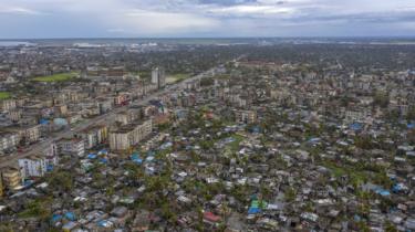 Image shows a general aerial view of a damaged neighbourhood in Sofala Province, Central Mozambique