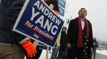 Andrew Yang campanha em New Hampshire, 11 de fevereiro de 2020