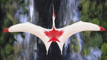 pterosauro che vola sopra il paesaggio con la bandiera canadese sopra
