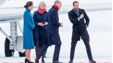 The Duke and Duchess of Cambridge are greeted at the airbase in Norway