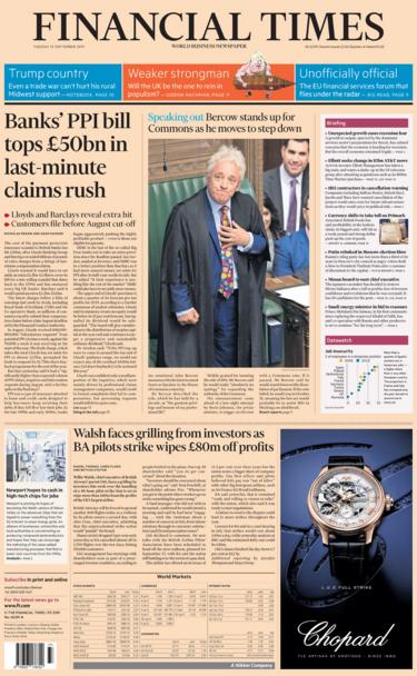 FT front page Tuesday 10 September 2019