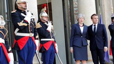 Theresa May and Emmanuel Macron at the Elysee Palace in Paris