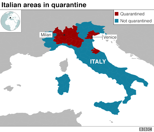 Map showing Italian areas in quarantine