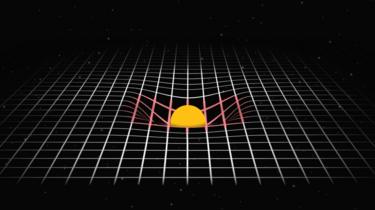 Representação da curvatura que o Sol causa no espaço-tempo