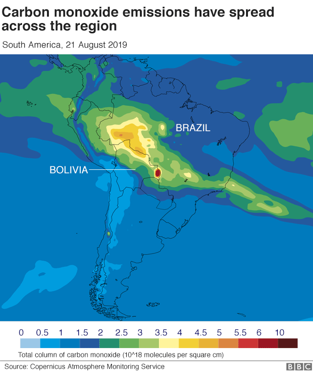 Map mostrando emissões de monóxido de carbono sobre a Amazônia