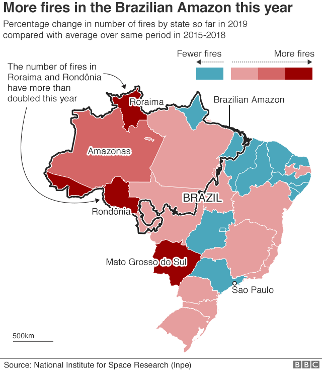 火災の影響を最も受けたブラジルの州を示す地図