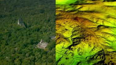 Una imagen dividida con un lado que muestra una vista aérea de ruinas mayas en la selva norte de Guatemala, y el otro lado que muestra un paisaje digital que elimina el dosel del bosque para revelar estructuras bajo el suelo.'s northern jungle, and the other side showing a digital landscape that strips away the forest canopy to reveal structures under the ground.