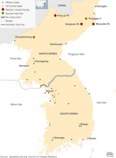 Ramani ya Korea Kaskazini na majirani zake wa Korea Kusini