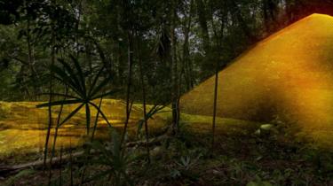 een afbeelding van jungleblad bovenop een LiDAR-afbeelding van dezelfde locatie, die een heuvel in de verte laat zien is in feite een piramide.