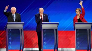 Biden, Sanders and Warren on the debate stage