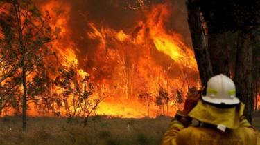 A NSW firefighter looks at flames raging in Old Bar
