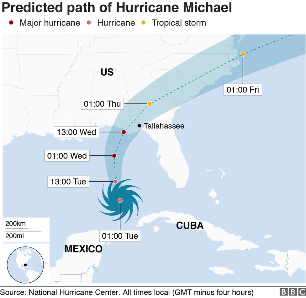 Map of hurricane's forecasted path