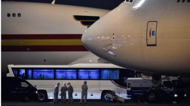 Aircraft wait to take Americans home from Japan after they were taken off the quarantined cruise ship, Diamond Princess, 17 February 2020