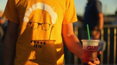 Sanders supporter with white hair T-shirt