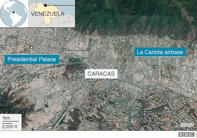 A map showing locations of the presidential palace and airbase in Caracas