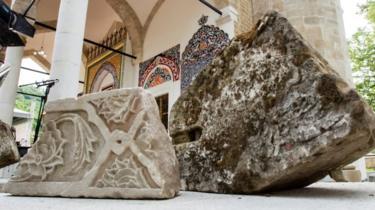 Stones from old Aladza Mosque that was demolished at the beginning of the Bosnian war, are seen in Foca,