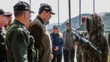 Venezuela's President Nicolas Maduro (C) attends military exercises at the Bolivarian National Guard Command in Macarao, Caracas, 1 February 2019