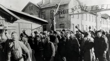 Survivors of Auschwitz leave through the infamous gates of Auschwitz I after the liberation