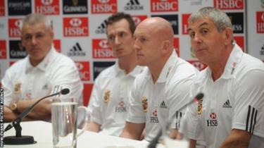 2009 British and Irish Lions tour Sir Ian McGeechan met zijn coachingstaf Shaun Edwards, Rob Howley en Warren Gatland