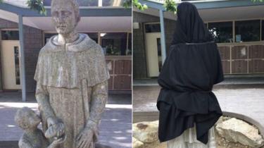 A split image showing the statue before and after it was covered up