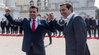 North Macedonian Prime Minister Zoran Zaev (L) welcomes his Greek counterpart Alexis Tsipras in Skopje on April 2, 2019