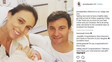 Nya Zeelands premiärminister Jacinda Ardern publicerade en bild på Instagram av henne med sin nya bebis