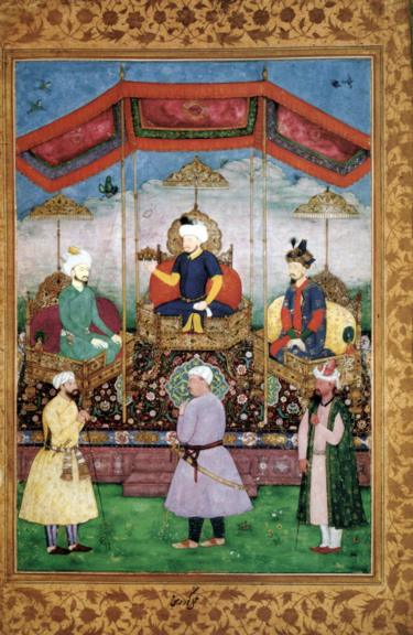 Timur överlämnar den kejserliga kronan till Babur i närvaro av Humayun.