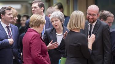 German Chancellor Angela Merkel is talking with the Prime Minister of the United Kingdom Theresa May