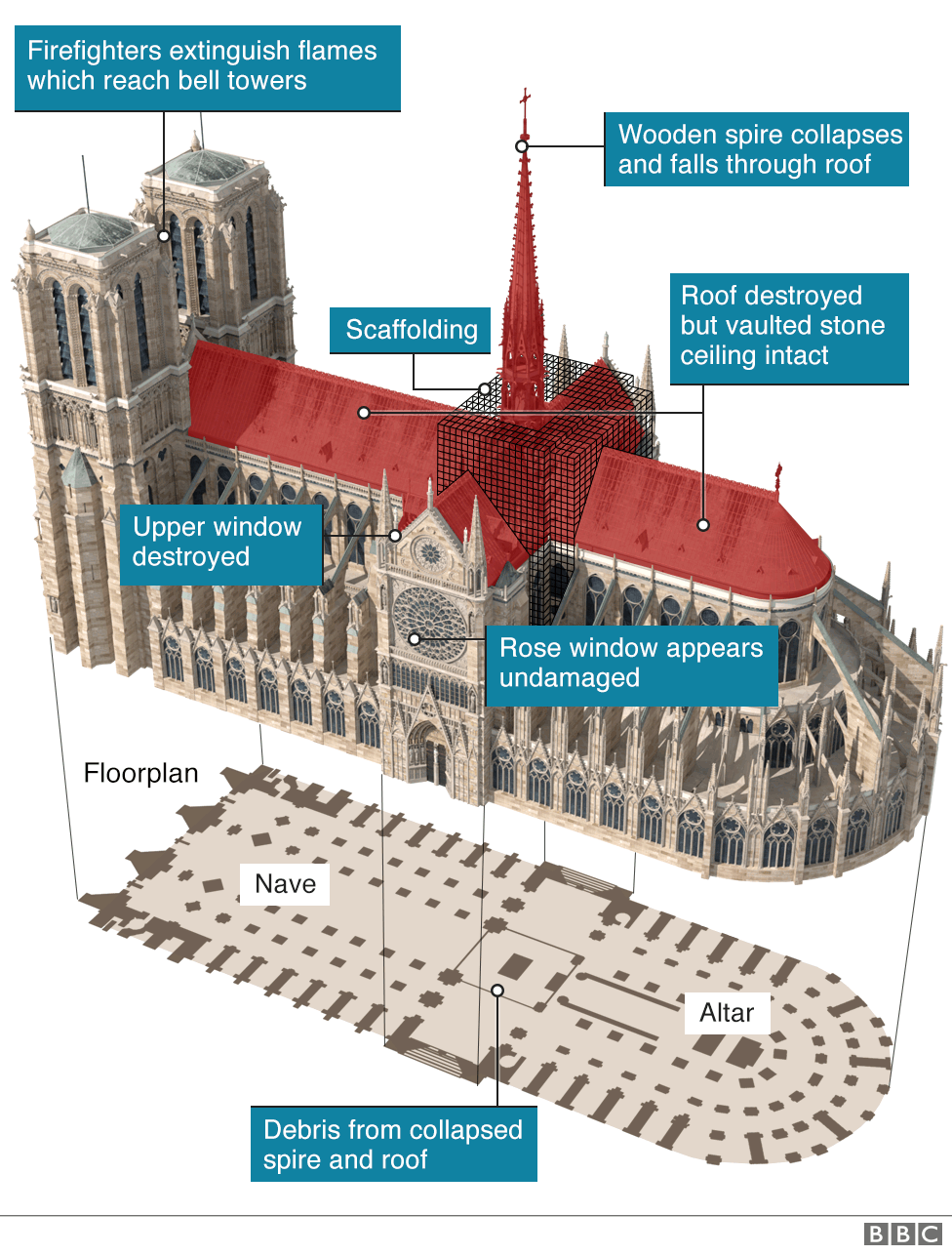Graphic showing scale of damage to Notre-Dame