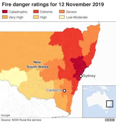 A map showing the danger levels on Tuesday