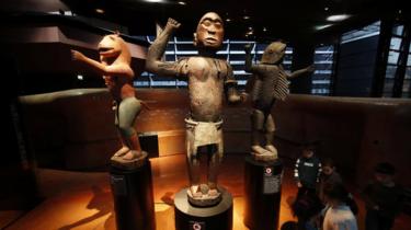 Three Great Royal Statues of ancient Dahomey (currently Benin, West Africa) are displayed at the Quai Branly Museum-Jacques Chirac in Paris