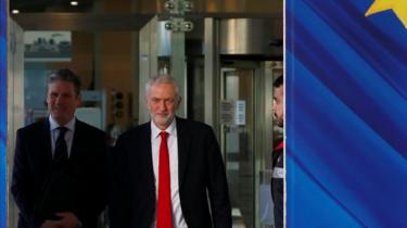 Jeremy Corbyn and Labour Party"s Shadow Secretary of State for Departing the European Union Keir Starmer leave a meeting with European Union Chief Brexit Negotiator Michel Barnier