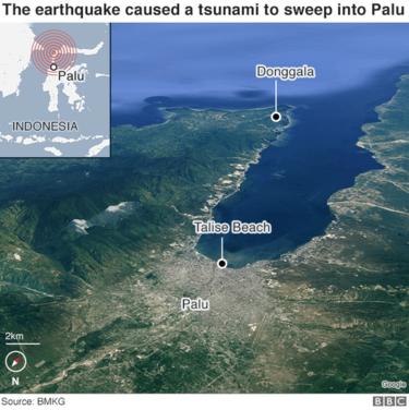 A map showing where the earthquake and tsunami hit Palu on Sulawesi island