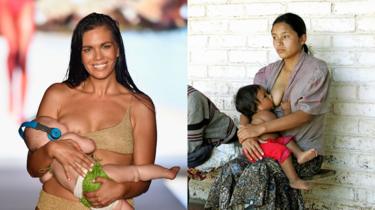 A model smiles while breastfeeding a baby on a runway versus a woman sitting against a wall looking despondent while breastfeeding her baby