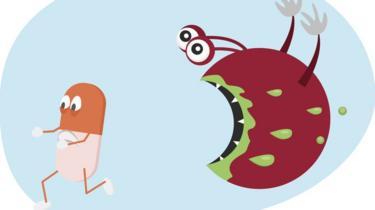 Ilustração mostra dois personagens animados, um em formato de pílula e outro de bactéria, esta correndo atrás do outro