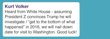 Kurt Volker's text reads: "Heard from White House - assuming President Z convinces Trump he will investigate / "get to the bottom of what happened" in 2016, we will nail down date for visit to Washington. Good luck!"