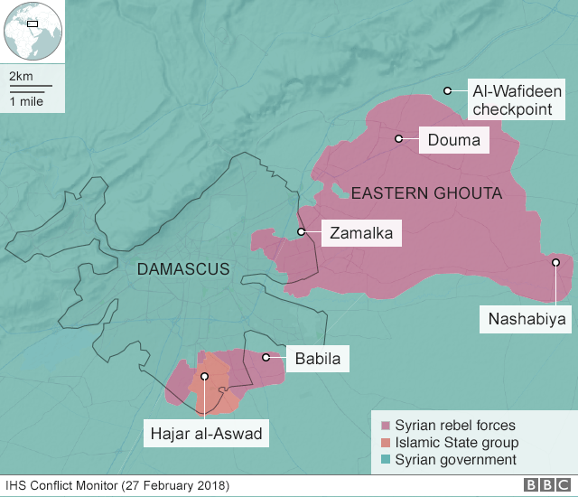 Map showing control of the Eastern Ghouta and al-Wafideen checkpoint (19 February 2017)