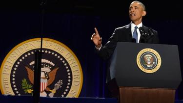 americký Prezident Barack Obama hovoří během jeho projevu na rozloučenou v Chicagu, Illinois (10. ledna 2017)