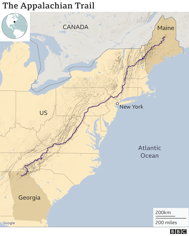 Kartta, jossa näkyy Appalachian Trail, joka ulottuu Mainesta pohjoisessa Georgiaan etelässä