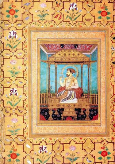 Shah Jahan sedící na jeho bohatě ozdobený Pavím Trůnu.
