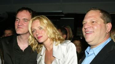 Left to right: Quentin Tarantino, Uma Thurman, and Harvey Weinstein, pictured 2004